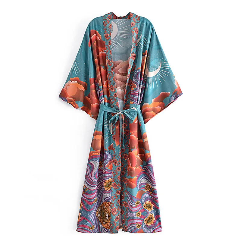 Bohemian Kimono Midi Dress 100% Viscose Celestial Moon Stars Floral Print Wide Sleeve Tie Waist Cardigan Robe For Women
