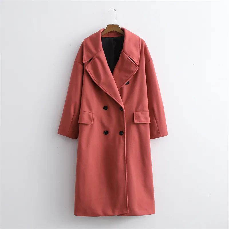 Women Double Breasted Long Woolen Coat Notched Lapel Solid Color Thick Warm Winter Overcoat Outwear Jacket