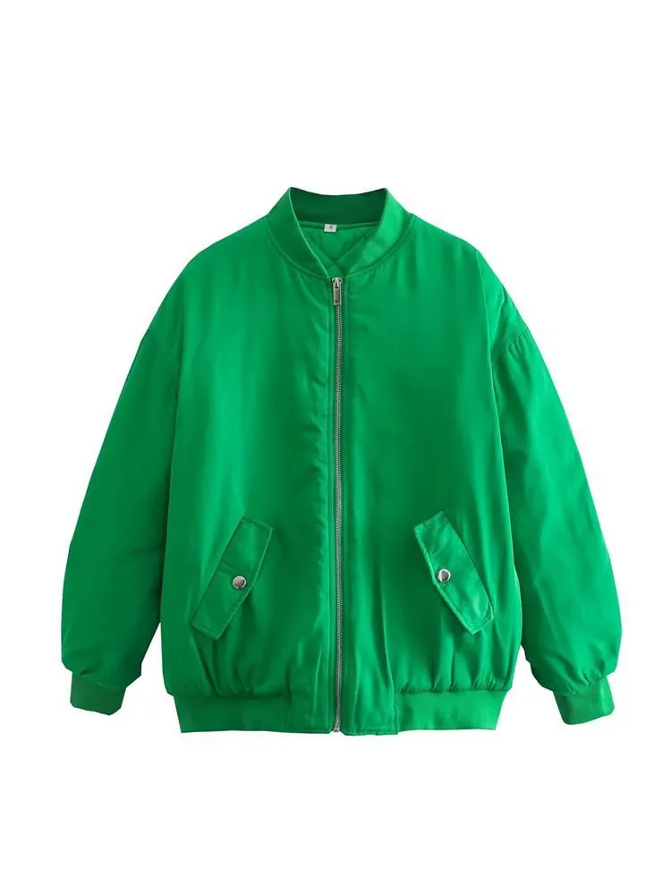 Women Vintage Polyester Bomber Jacket Loose Fit Quilted Zip Up Ribbed Outerwear Coat Casual Streetwear Winter Jacket
