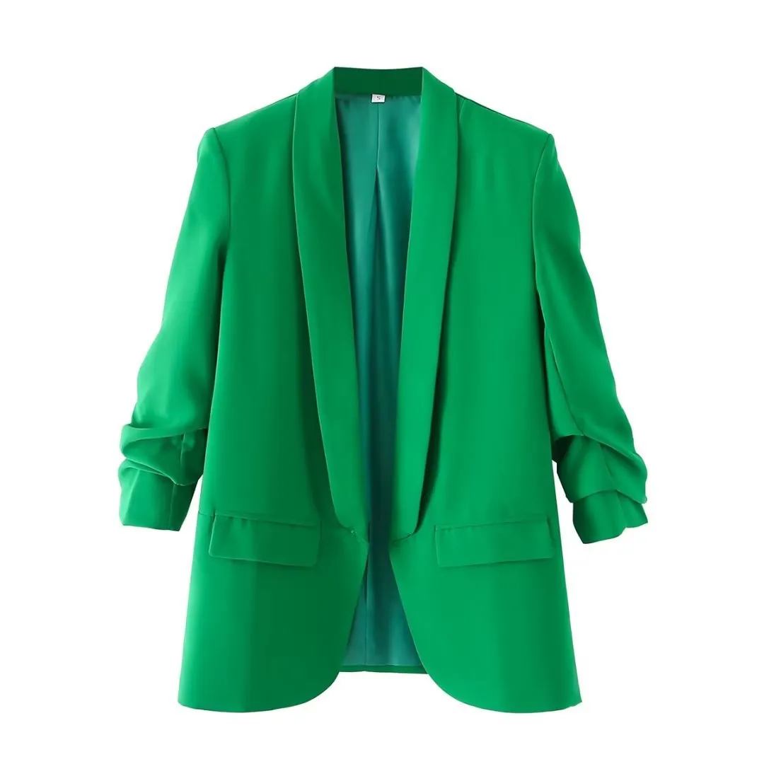 Women's Casual Open Front Ruched Sleeve Blazer Jacket Shawl Collar Professional Work Office Solid Color Suit Coat Outerwear