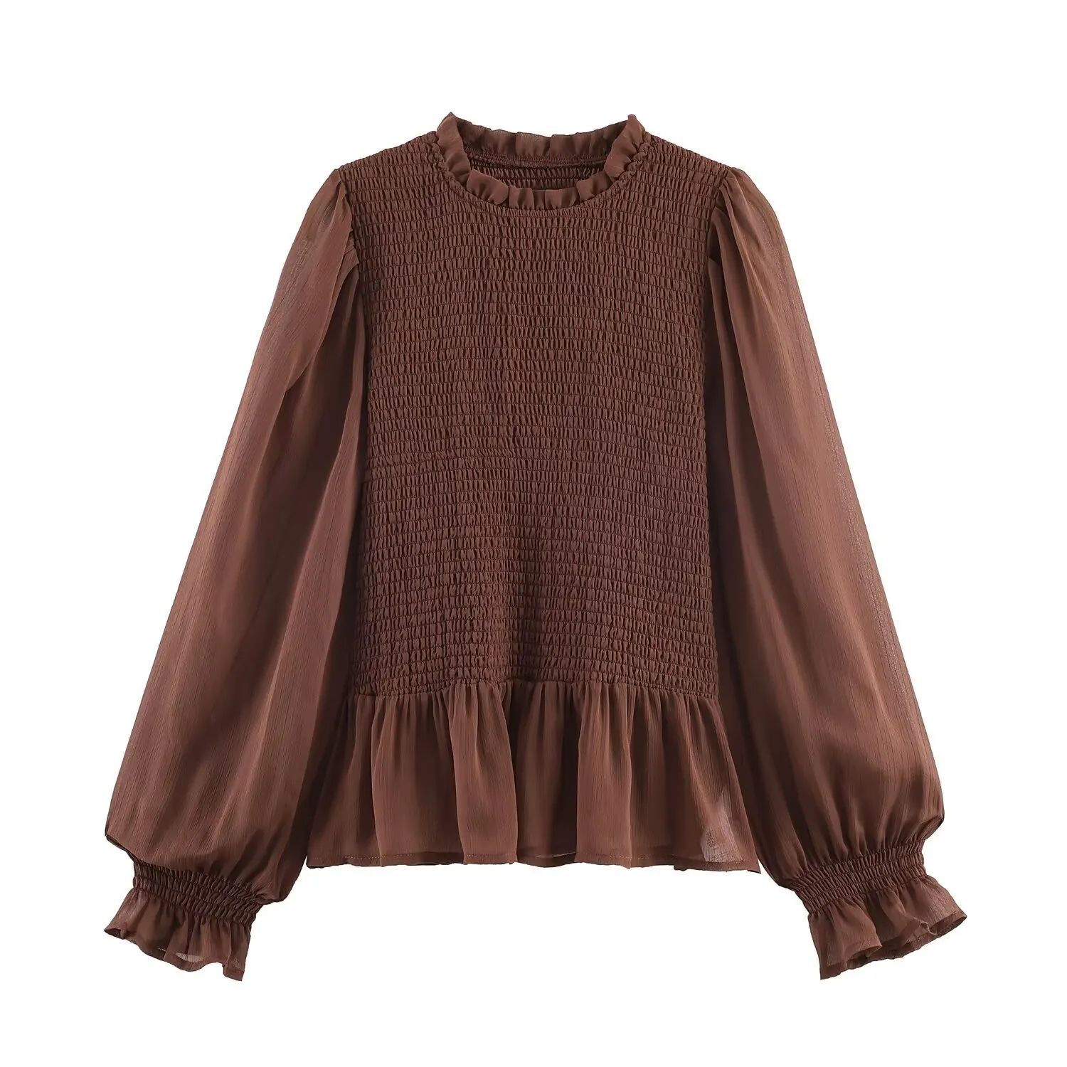 French Retro Smocked Blouse For Women Lantern Sleeve Ruffle Stand Collar Slim Fit Long Sleeve Polyester Solid Color Top