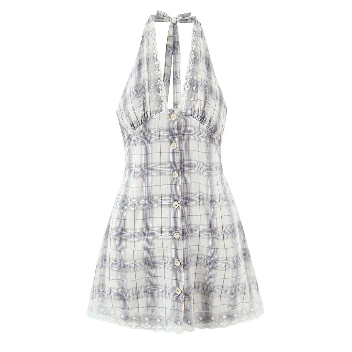 Robe Mini Vintage à Carreaux pour Femmes Dos Nu Patchwork de Dentelle Boutonnage Simple Coupe en A Robe d'Été en Coton