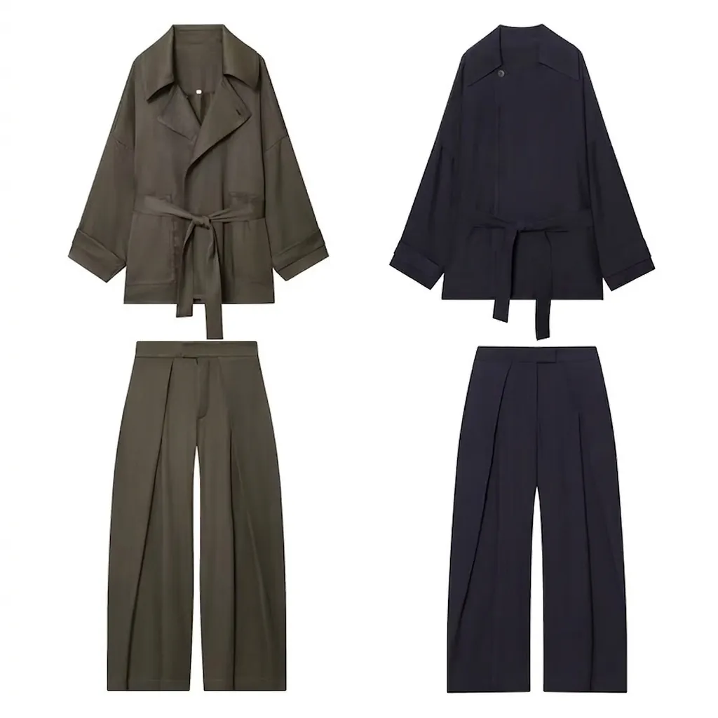 Damen Casual Polyester Bindegürtel Revers Jacke Und Hohe Taille Falten Weite Hose Elegant Pendler Top Bottom