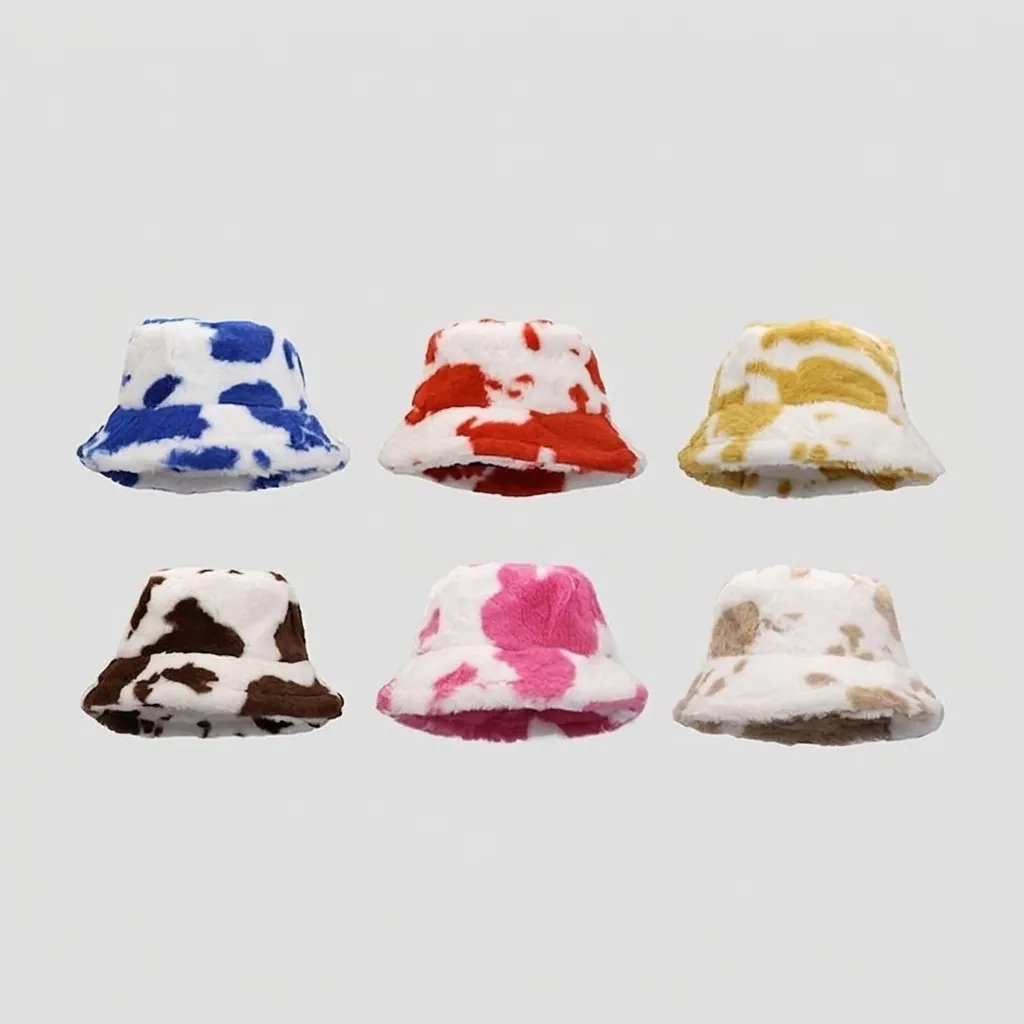 Cappello Alla Pescatora Con Stampa Muccata Peluche Pelliccia Sintetica Inverno Caldo Morbido Moda Donna Uomo