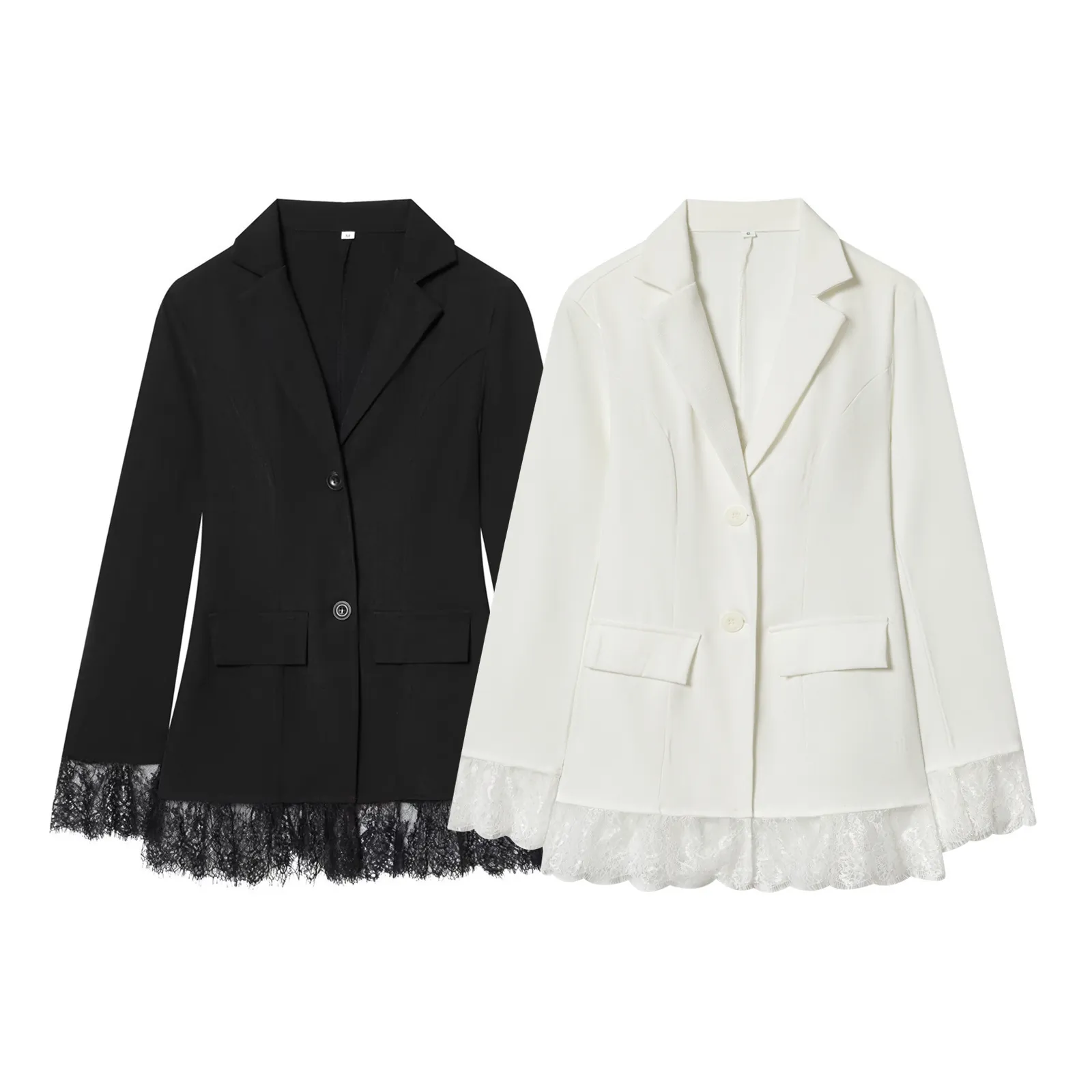 Elegant Lace Patchwork Slim Fit Women Suit Jacket Long Sleeve Notched Lapel Buttoned Office Commuter Blazer Top