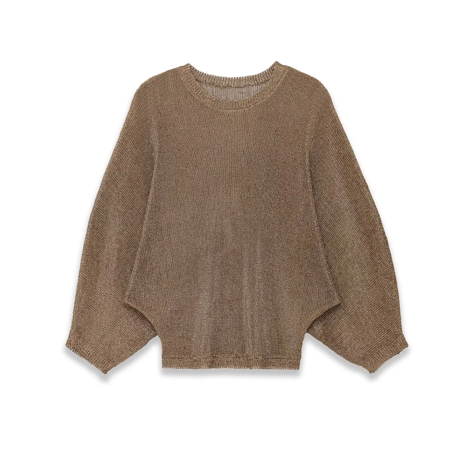 Women Metallic Round Neck Knit Sweater Loose Batwing Long Sleeve Pullover Elegant Camel Knitwear Top