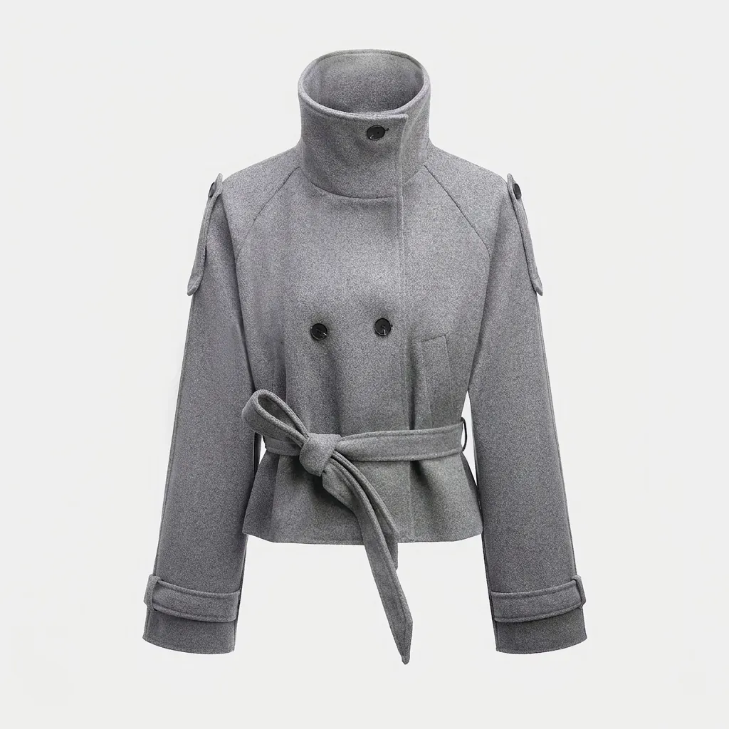 Women Elegant Double Breasted Woolen Coat Stand Collar Short Jacket With Belt Epaulets Solid Color Winter Fall Outerwear