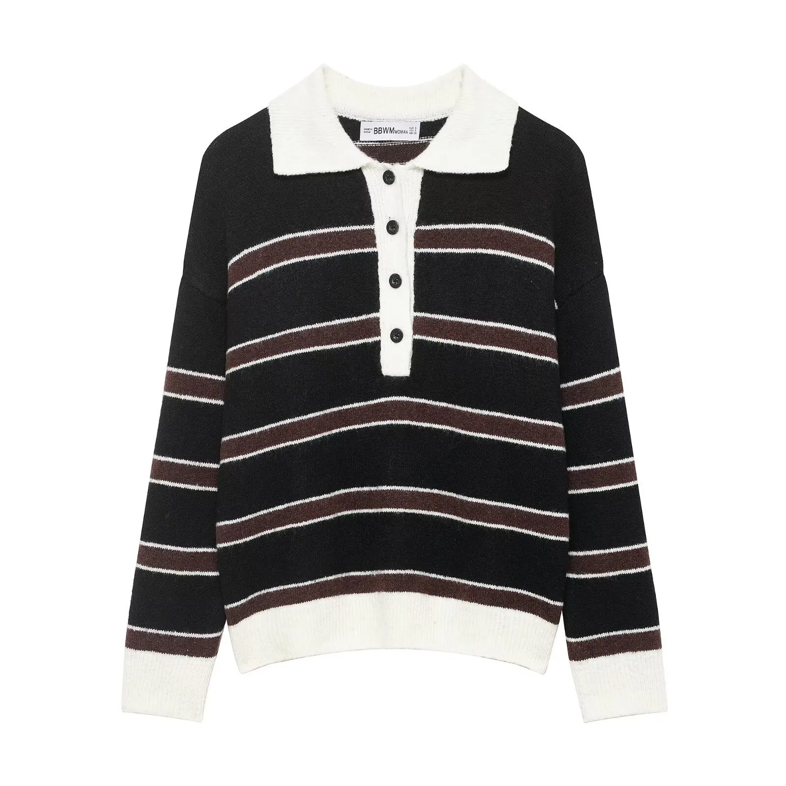 Maglione Polo Donna a Righe in Maglia Manica Lunga Colletto Rovesciato Blocchi di Colore Bottoni Davanti Top Maglia Autunno Inverno