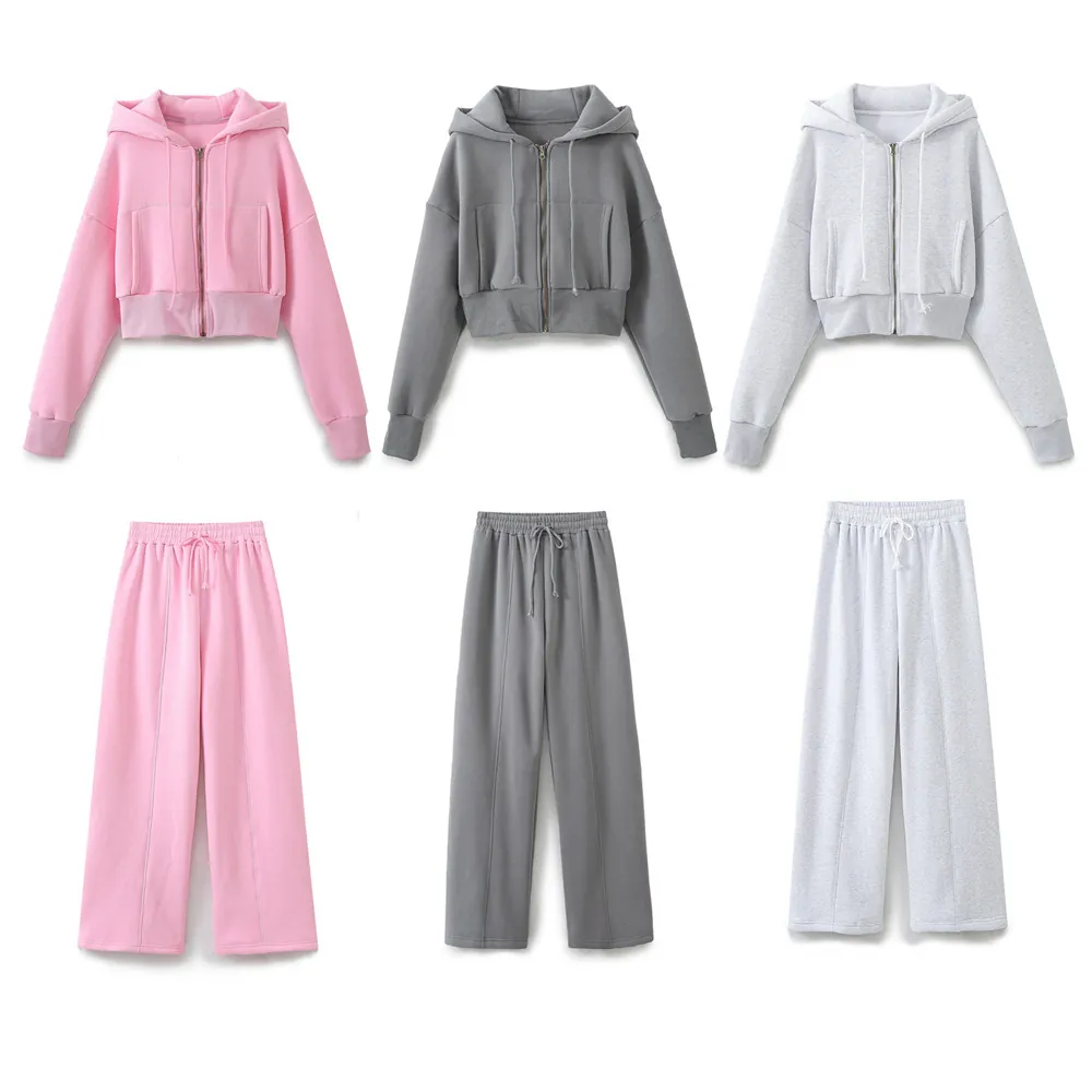 Women's Casual Cotton Blend Hoodie Jacket And Sweatpants And Ribbed Tube Top Set Long Sleeve Zip Up Cropped Hooded Sweatshirt Wide Leg Jogger Pants Loungewear