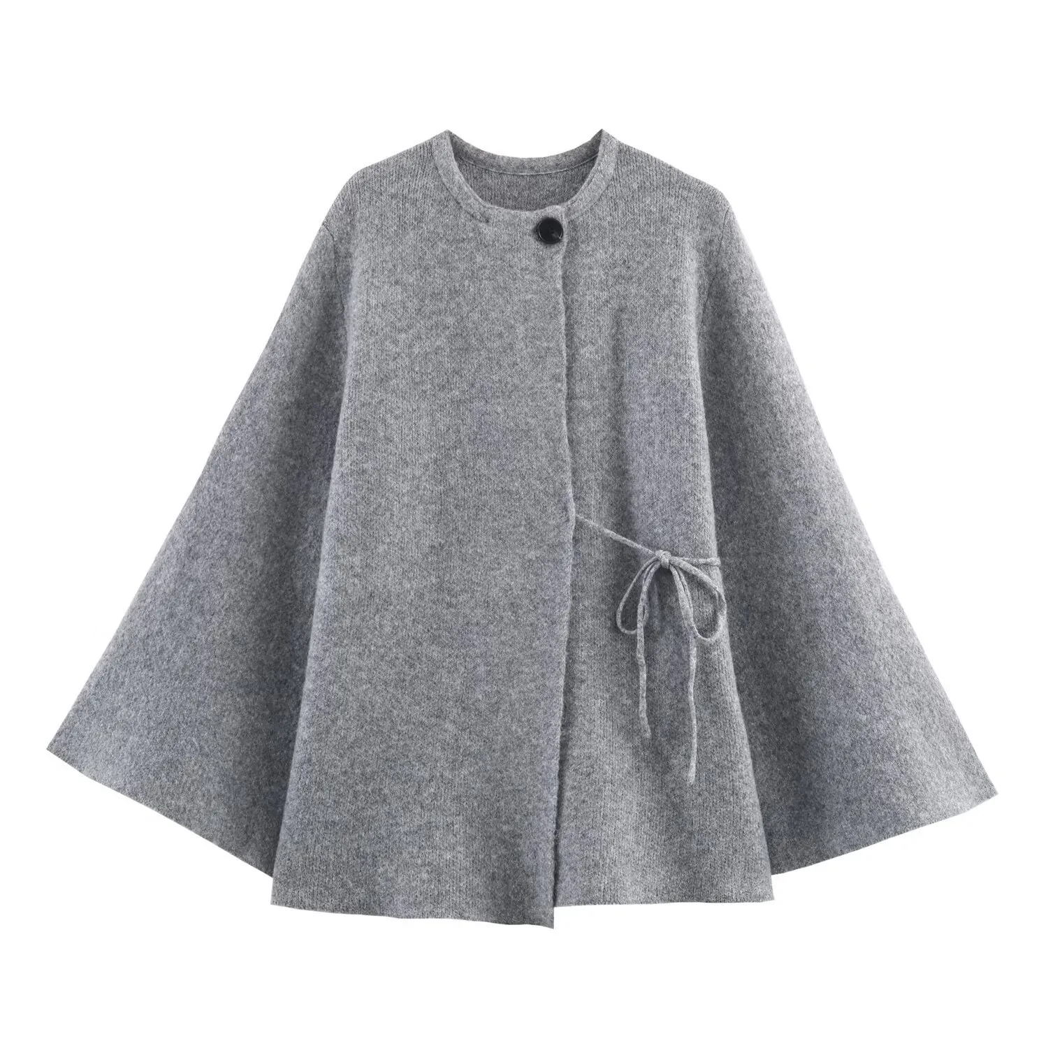 Women Elegant Grey Knitted Cardigan Cape Coat Round Neck Single Button Side Tie Soft Polyester Knit Sweater Outerwear