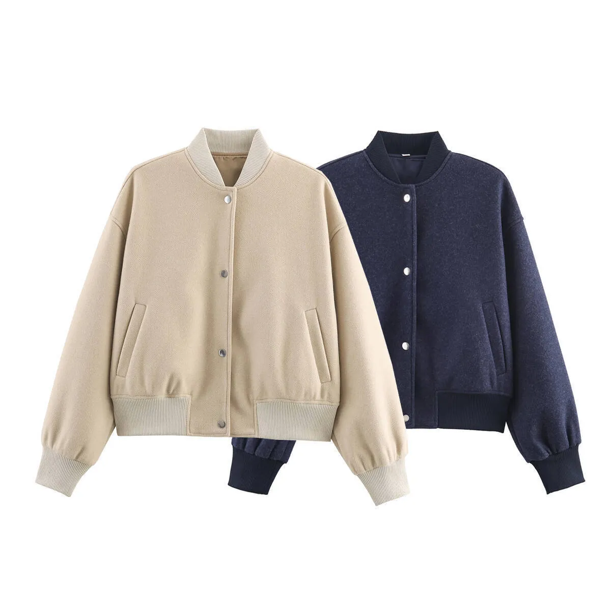 Women Casual Bomber Jacket Tweed Texture Ribbed Trim Single Breasted Outerwear Long Sleeve Button Down Jacket For Fall