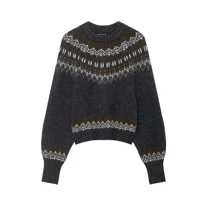 Pull en Tricot Fair Isle Vintage pour Femmes Col Rond Rétro Manches Longues Gris Foncé Motif Flocon Géométrique
