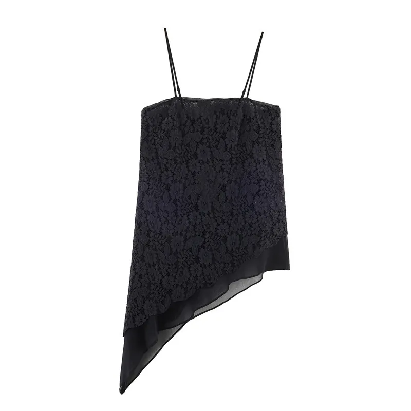 Camisole Sexy en Dentelle Noire pour Femmes Ourlet Asymétrique Patchwork Mousseline Mesh Floral Dos Nu Top