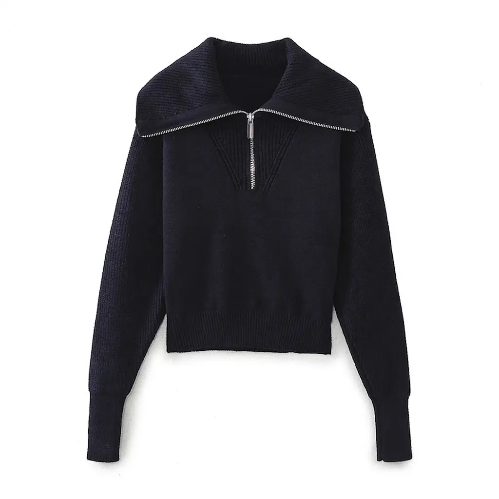 Maglione da Donna Casual con Mezza Cerniera a Costine Manica Lunga Revers Navy Tinta Unita Chic Autunno Inverno