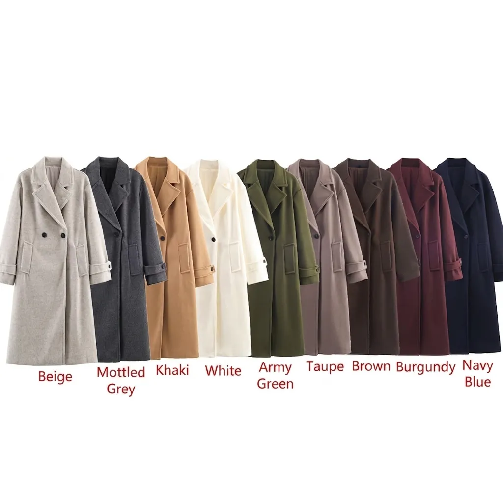 Women Winter Long Woolen Coat Double Breasted Lapel Solid Overcoat Casual Professional Commuter Style Jacket For Lady