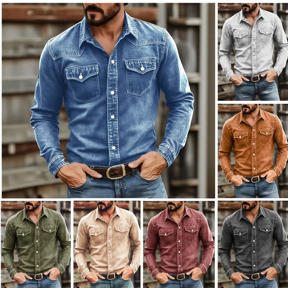 Men's Casual Long Sleeve Denim Shirt Washed Cotton Workwear Button Up Top With Double Pockets Regular Fit Outdoor Shirt