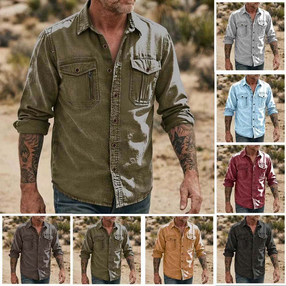 Men Casual Tactical Work Shirt Cotton Linen Long Sleeve Dual Pockets Zipper Decoration Outdoor Utility Top