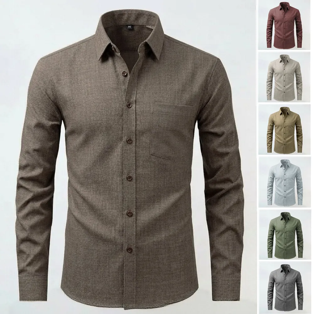 Camicia Casual da Uomo a Manica Lunga con Bottoni Tinta Unita Colletto a Revers Tasca sul Petto in Poliestere Regular Fit