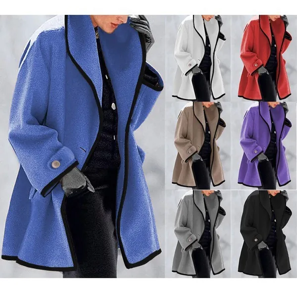 Manteau en Laine Surdimensionné pour Femmes Design Passepoil Contrasté Manches Longues Mode Large Décontracté Chaud Mi-Long Veste Extérieure