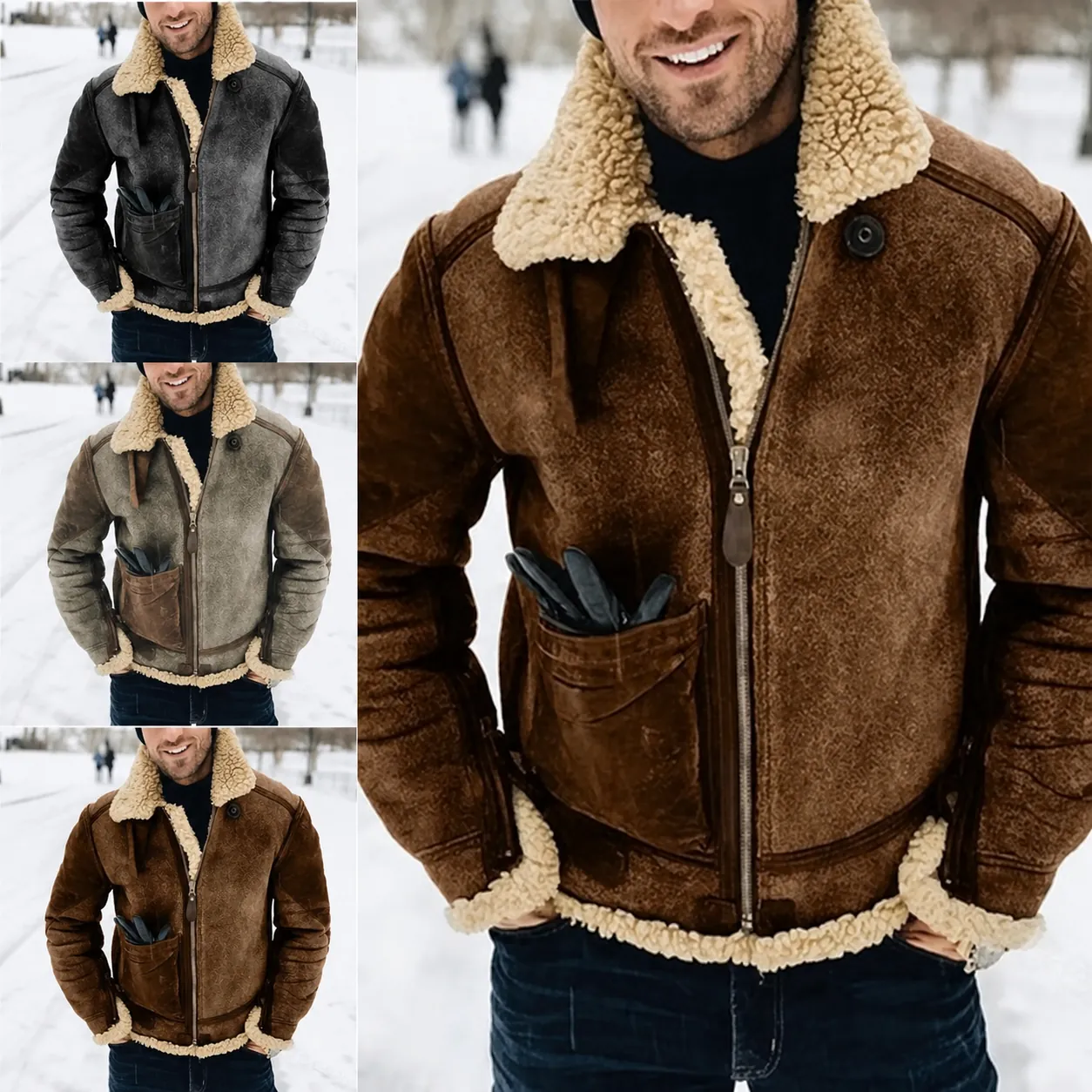 Giacca Uomo Invernale In Ecopelle Scamosciata Spessa Calda A Blocchi Di Colore Foderata In Pile Giubbotto Aviatore Casual Top