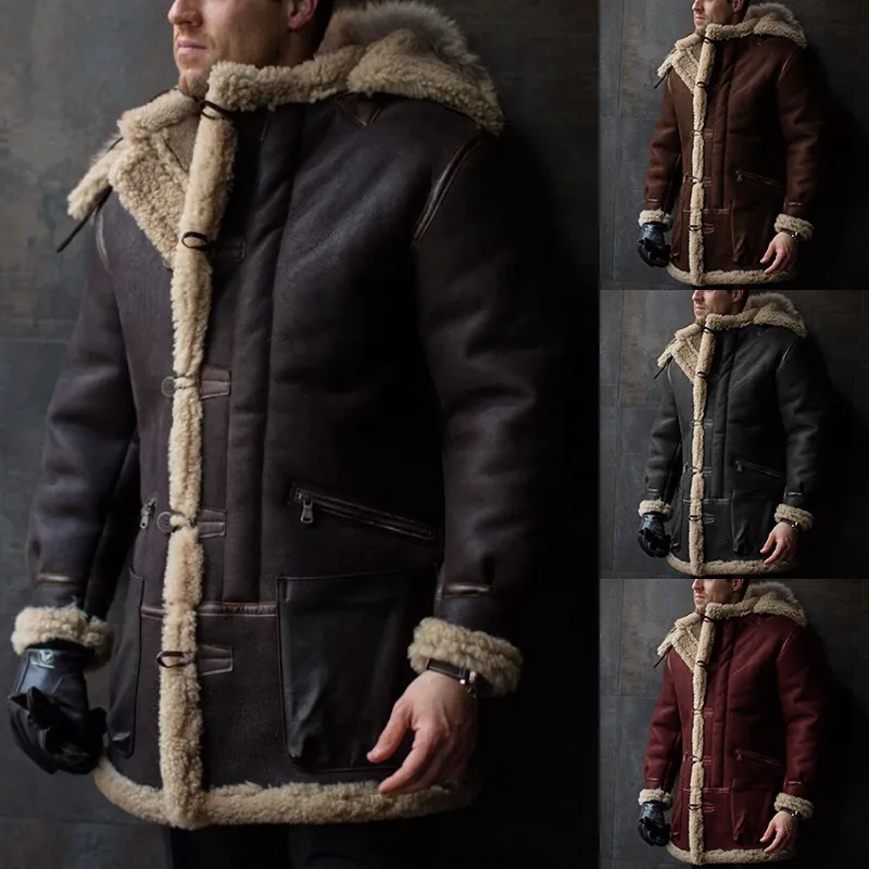 Men's Faux Suede Jacket Winter Thickened Fleece Lined Coat Faux Fur Collar Hooded Outerwear Casual Solid Color Spliced Zipper Top