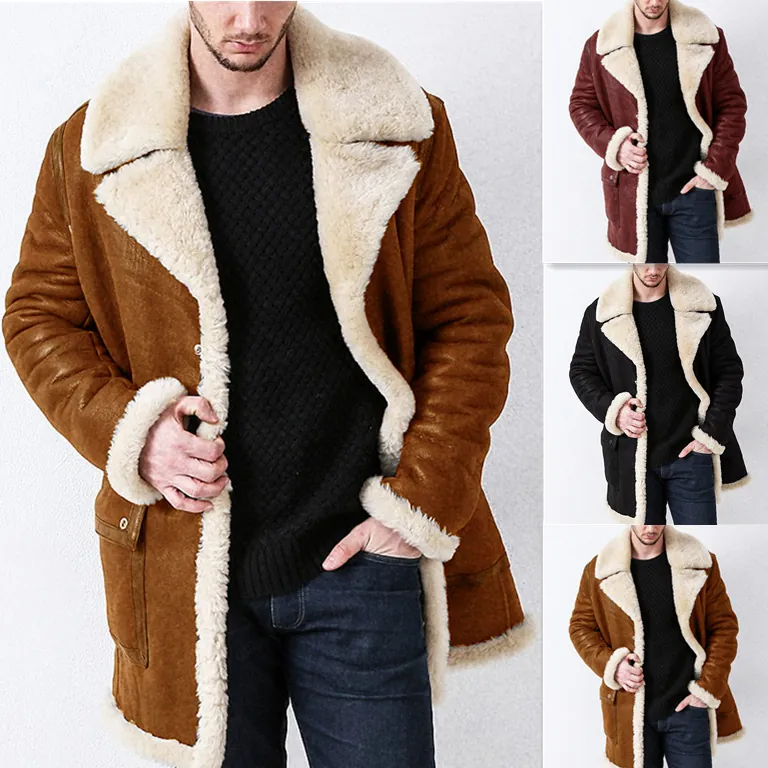 Men's Winter Suede Faux Fur Overcoat Thick Warm Mid-Length Jacket With Lapel Collar Single-Breasted Outerwear Solid Color Coat