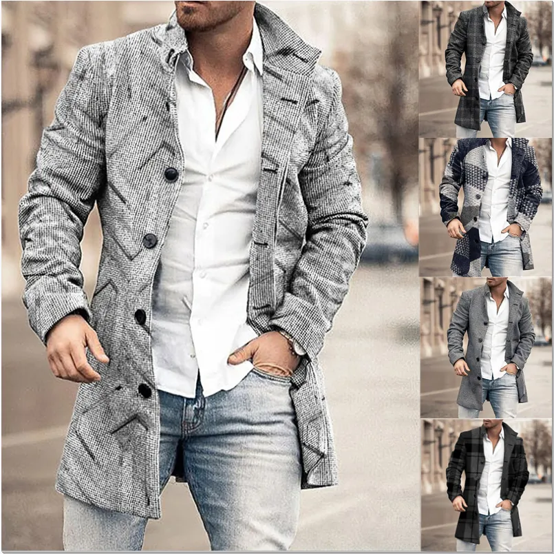Men Mid Length Polyester Woolen Look Jacket Printed Plaid Single Breasted Casual Warm Winter Coat Top Business Outerwear