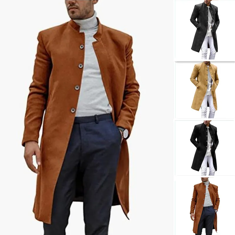 Men's Long Woolen Coat Slim Fit Stand Collar Single Breasted Overcoat Casual Business Thickened Windproof Jacket For Autumn Winter
