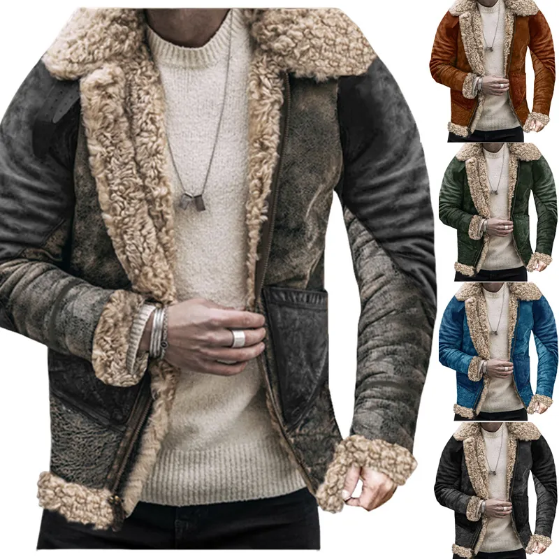 Men Vintage Faux Shearling Suede Jacket Pilot Biker Fleece Lined Thickened Winter Coat Turn-down Collar Zipper Outerwear