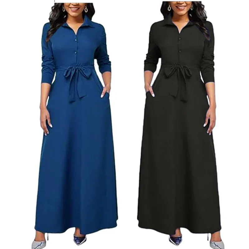 Dames Reverskraag Knoop Lange Mouw Maxi Overhemdjurk Met Tailleband Zak A-lijn Effen Kleur Elegante Forens Jurk