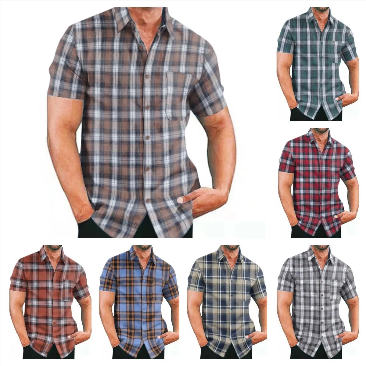 Men Plaid Short Sleeve Shirt Yarn-Dyed Cotton Blend Button Down Lapel Top Pocket Breathable Summer Casual Comfort Tops
