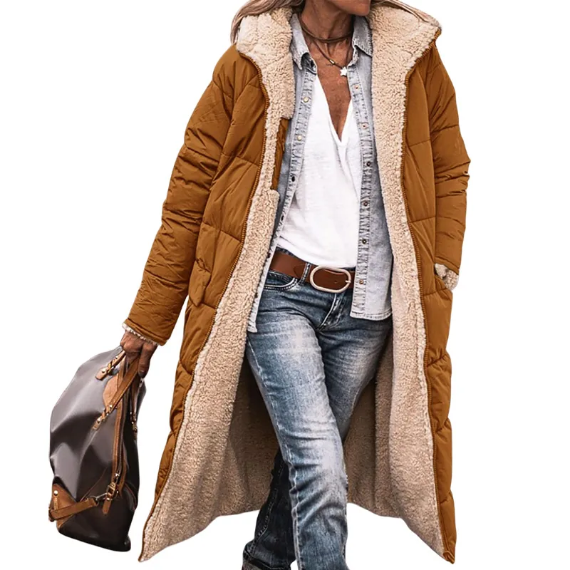 Women Long Hooded Parka Jacket Winter Sherpa Lined Quilted Coat Solid Color Middle-Length Puffer Outerwear For Women