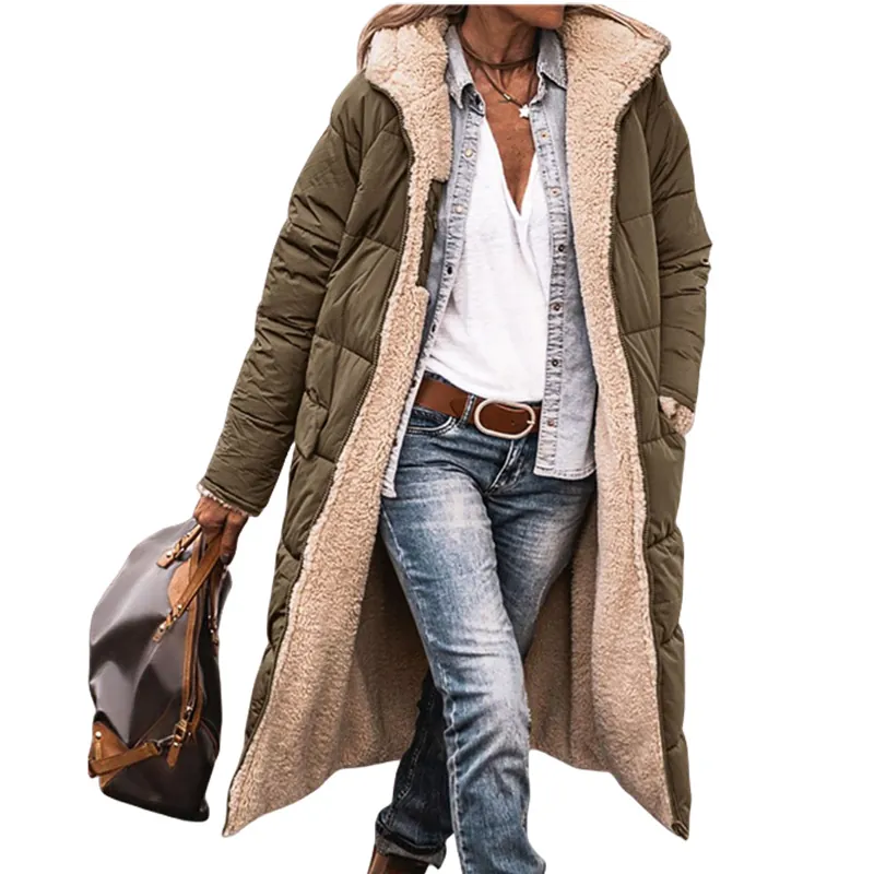 Manteau Matelassé à Capuche Mi-Long en Coton Biologique Décontracté pour Femmes Doublé de Sherpa Veste Chaude Hiver