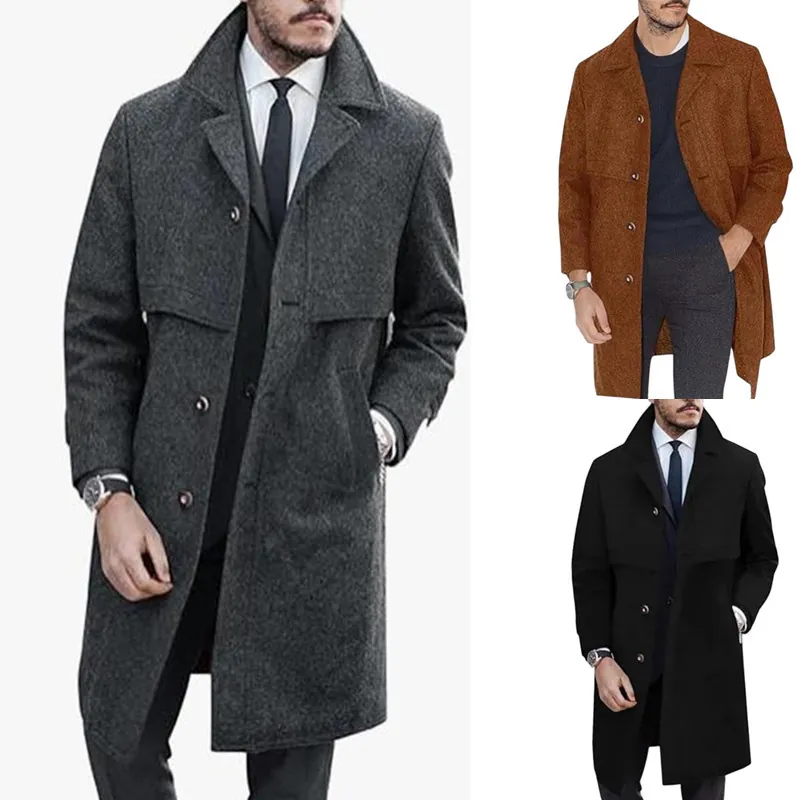 Herren Wollmischung Mantel Mittellang Einreihig Verdickt Herbst Winter Warm Anzugkragen Peacoat Jacke Casual Outerwear