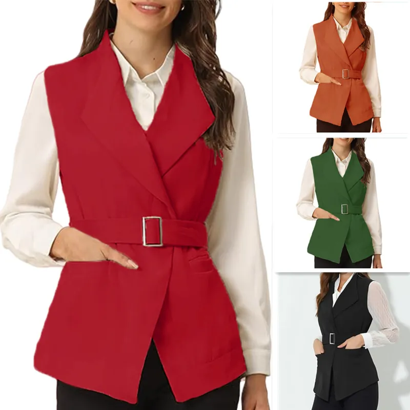 Damen Anzug Weste Ärmellos Revers Weste Mit Gürtel Business Office Casual Commuter Einfarbig Fashion Outerwear Top