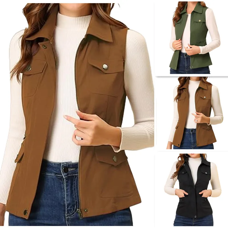 Women's Utility Utility Vest Multi-Pocket Zipper Sleeveless Waistcoat Casual Lapel Solid Color Regular Fit Outerwear