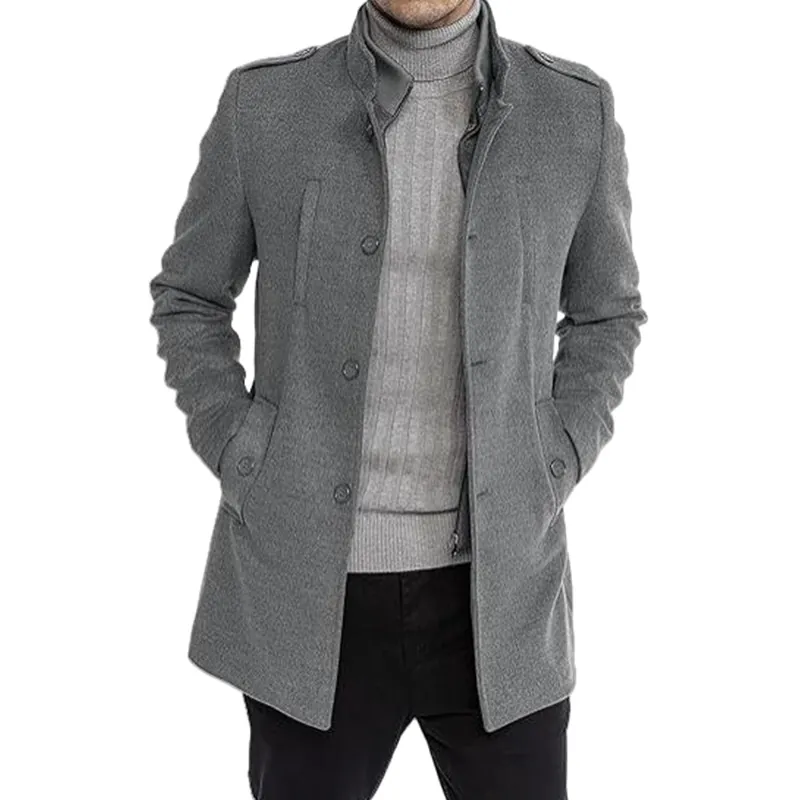 Men Mid-Length Wool Look Overcoat Slim Fit Stand Collar Zipper Coat With Epaulettes Solid Color Casual Fashion Outerwear