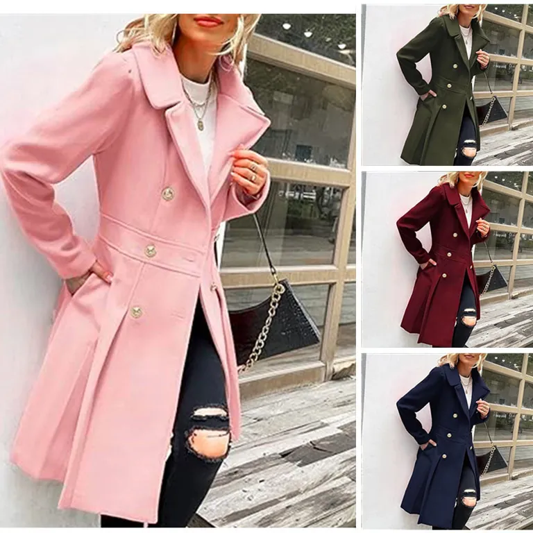 Dames Double Breasted Lange Wollen Jas Klassieke Revers Effen Kleur Warme Bovenkleding Met Gouden Knopen Mode Casual Winterjas