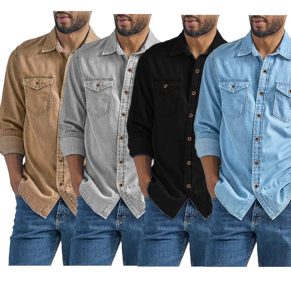Men Vintage Denim Long Sleeve Shirt Solid Color Turn-down Collar Casual Workwear Button Down Top Double Pocket