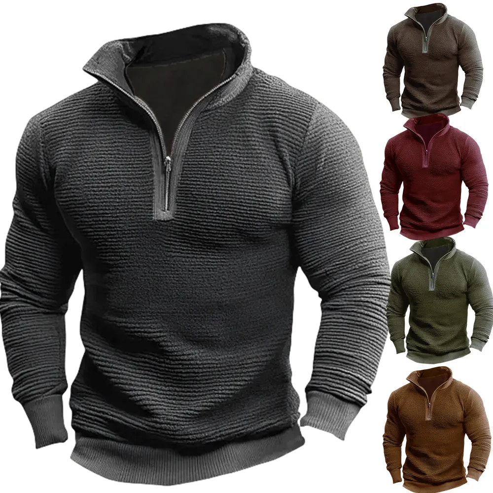 Sweat-shirt à Capuche en Maille Gaufre pour Homme Coupe Décontractée Col Montant Manches Longues Veste Automne Extérieur
