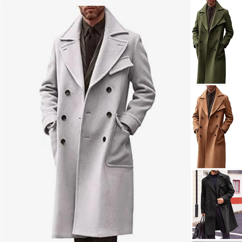 Men Business Casual Double Breasted Woolen Overcoat Thick Winter Mid Long Trench Coat British Style Lapel Solid Outerwear
