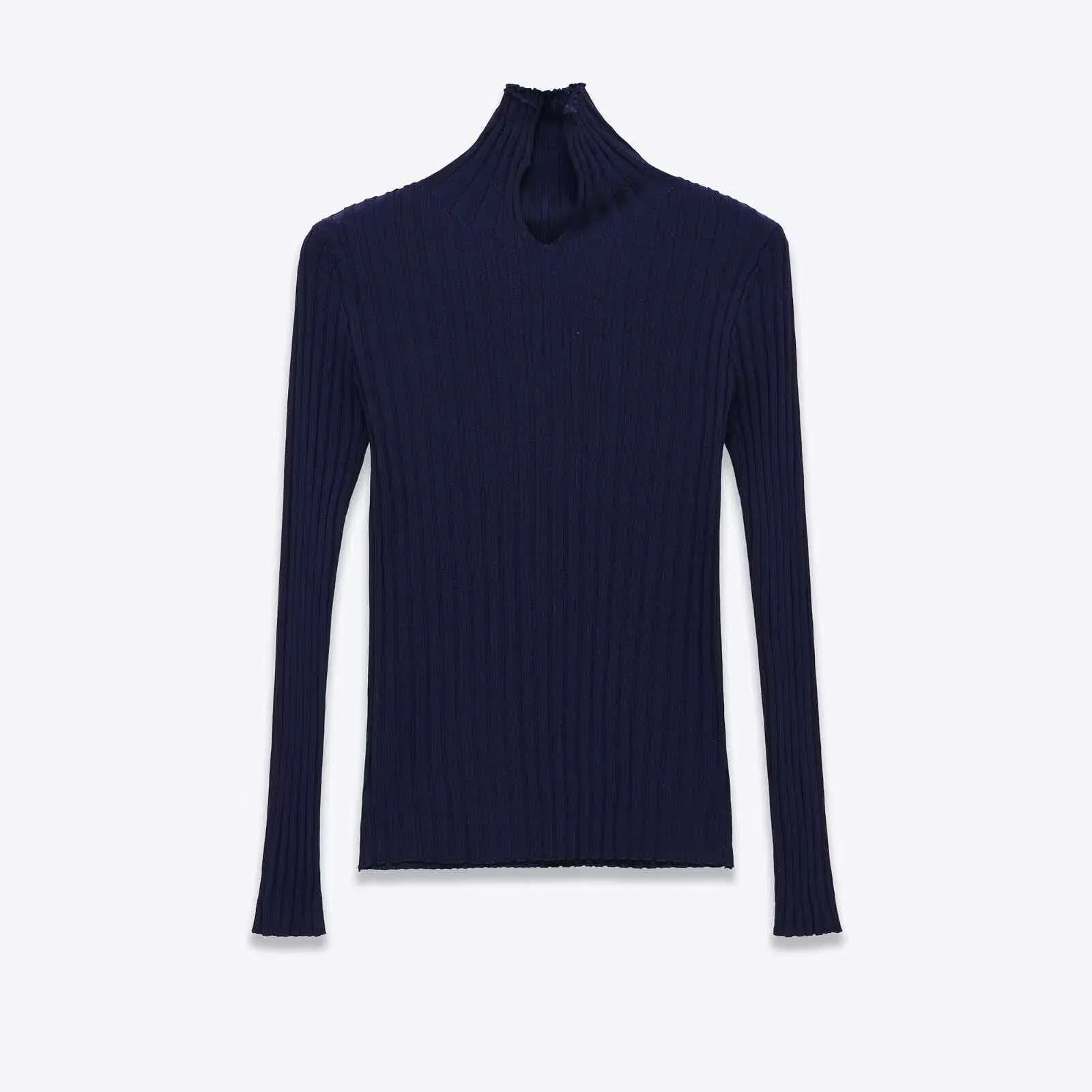 Women Mock Neck Ribbed Knit Sweater Slim Fit Long Sleeve Pullover Navy Blue Solid Color Casual Polyester Jumper Top