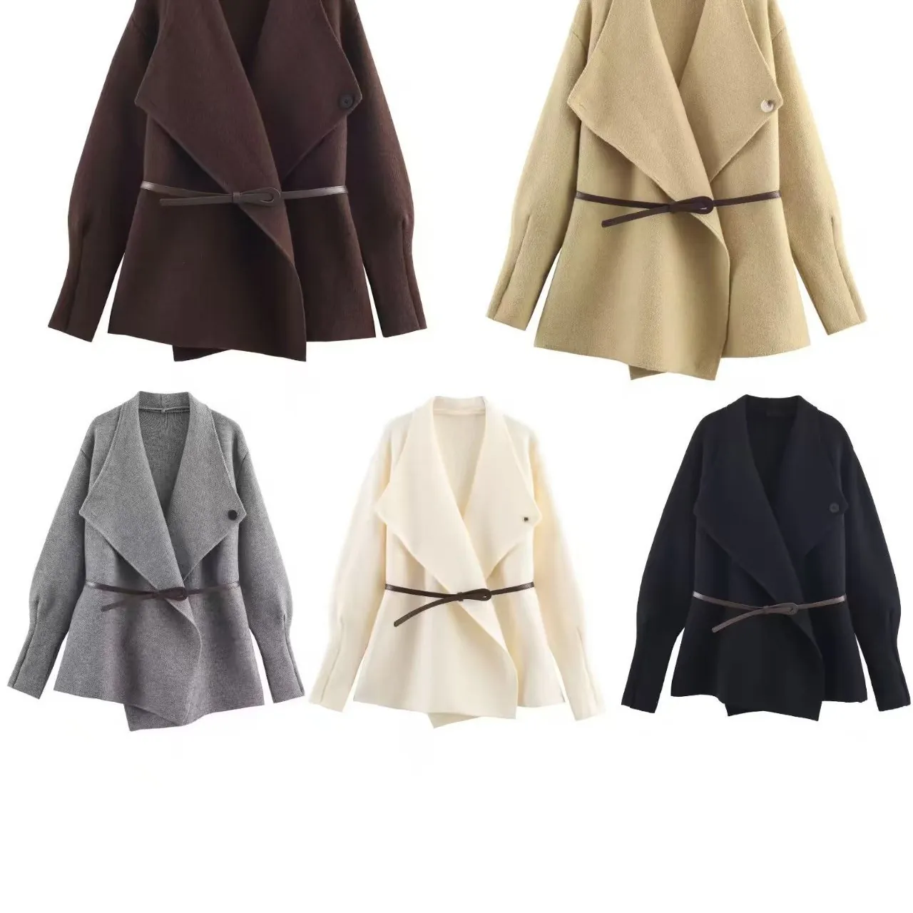 Manteau Cardigan en Tricot Élégant pour Femme Avec Grand Revers Manches Longues Ceinture à la Taille Mi-Long Couleur Unie Automne Hiver Pull Chaud