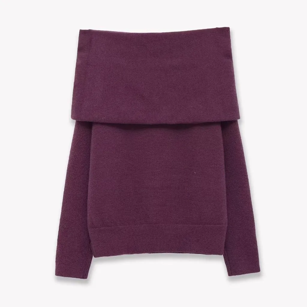 Women Elegant Off Shoulder Knit Sweater Wine Red Long Sleeve Pullover Soft Solid Color Slim Fit Fashion Spring Top