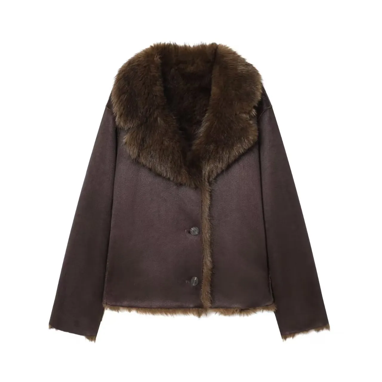 Women Thick Faux Fur Trim Suede Jacket Mid Length Single Breasted Warm Winter Coat Solid Dark Brown Polyester Outerwear