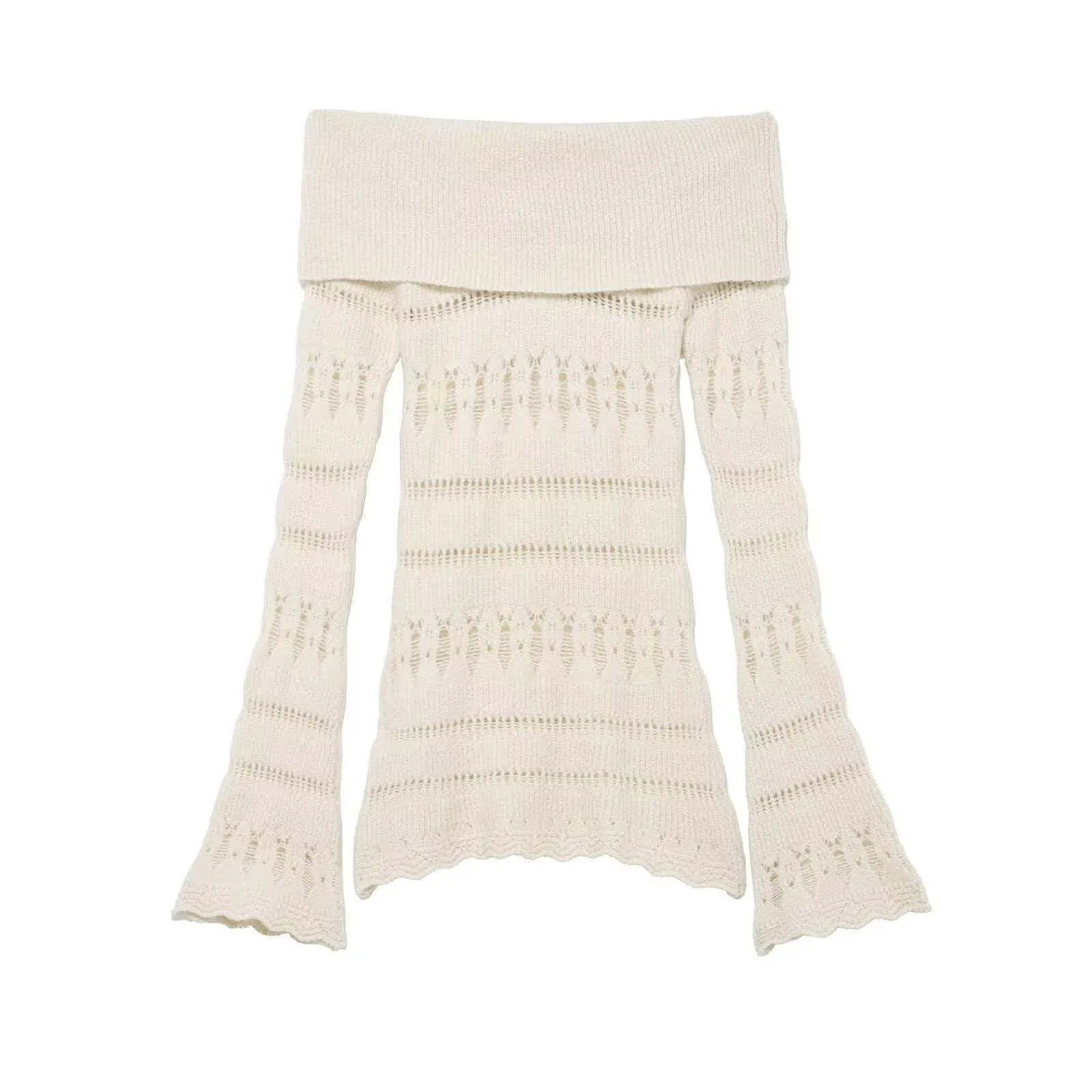 Haut en Tricot Épaules Dénudées pour Femmes Motif Ajouré Manches Cloches Longues Élégant Pull Blanc Crème