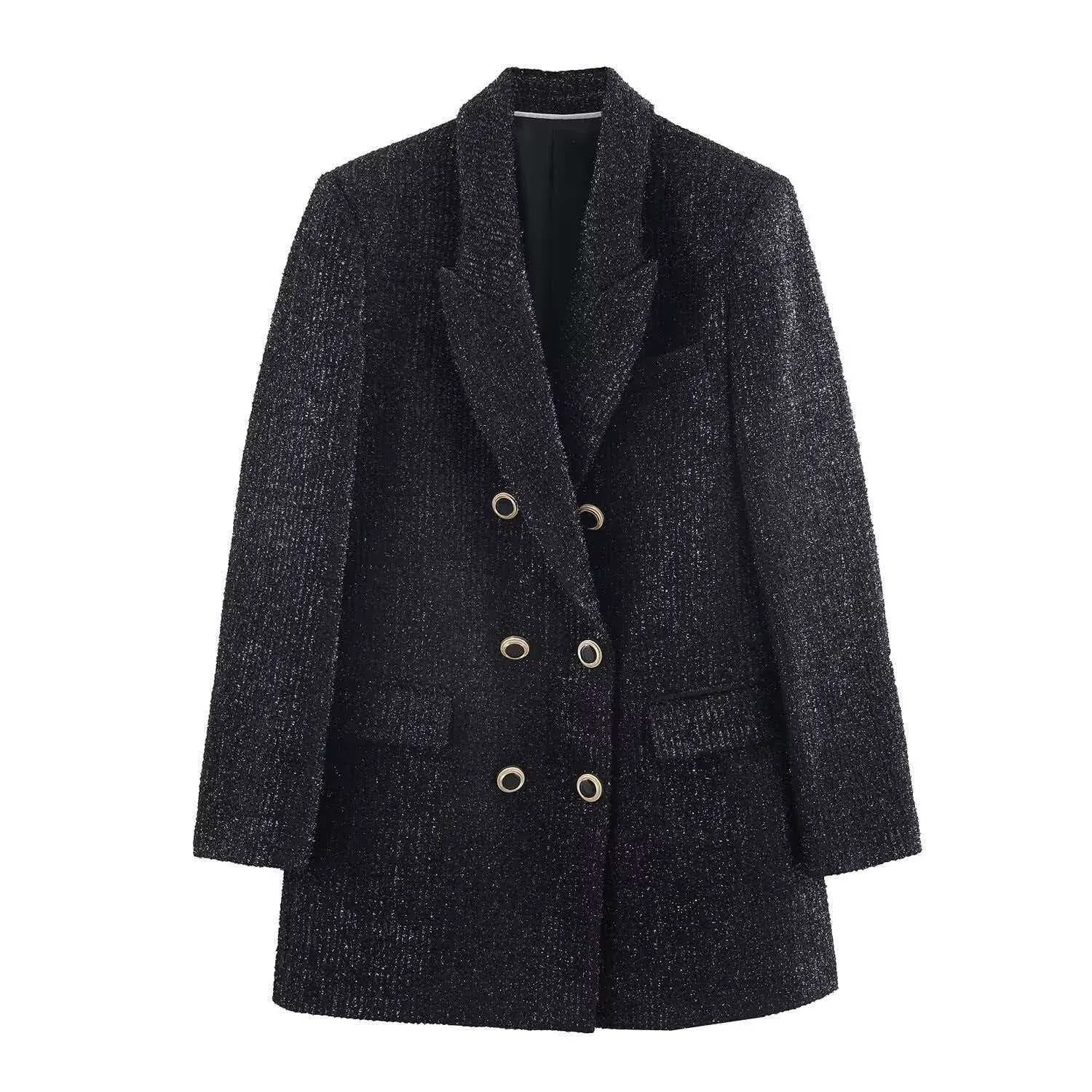 Women's Double Breasted Tweed Blazer Metallic Thread Jacket Black Notched Lapel Elegant Outerwear Commute Office Suit Coat