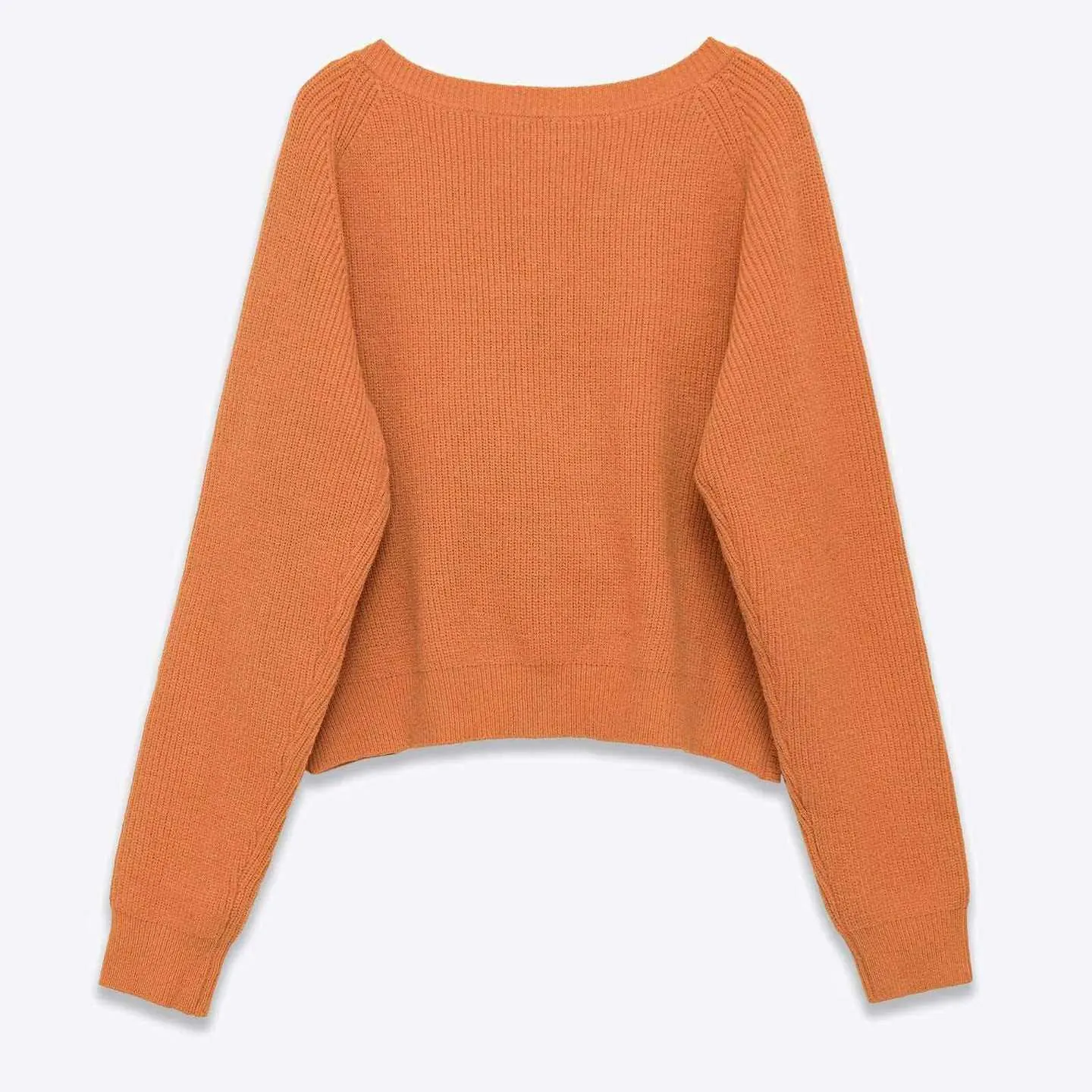 Women Casual Long Sleeve Knit Sweater Ribbed Pullover Top With Back Twist Knot Detail Solid Orange Polyester Knitwear