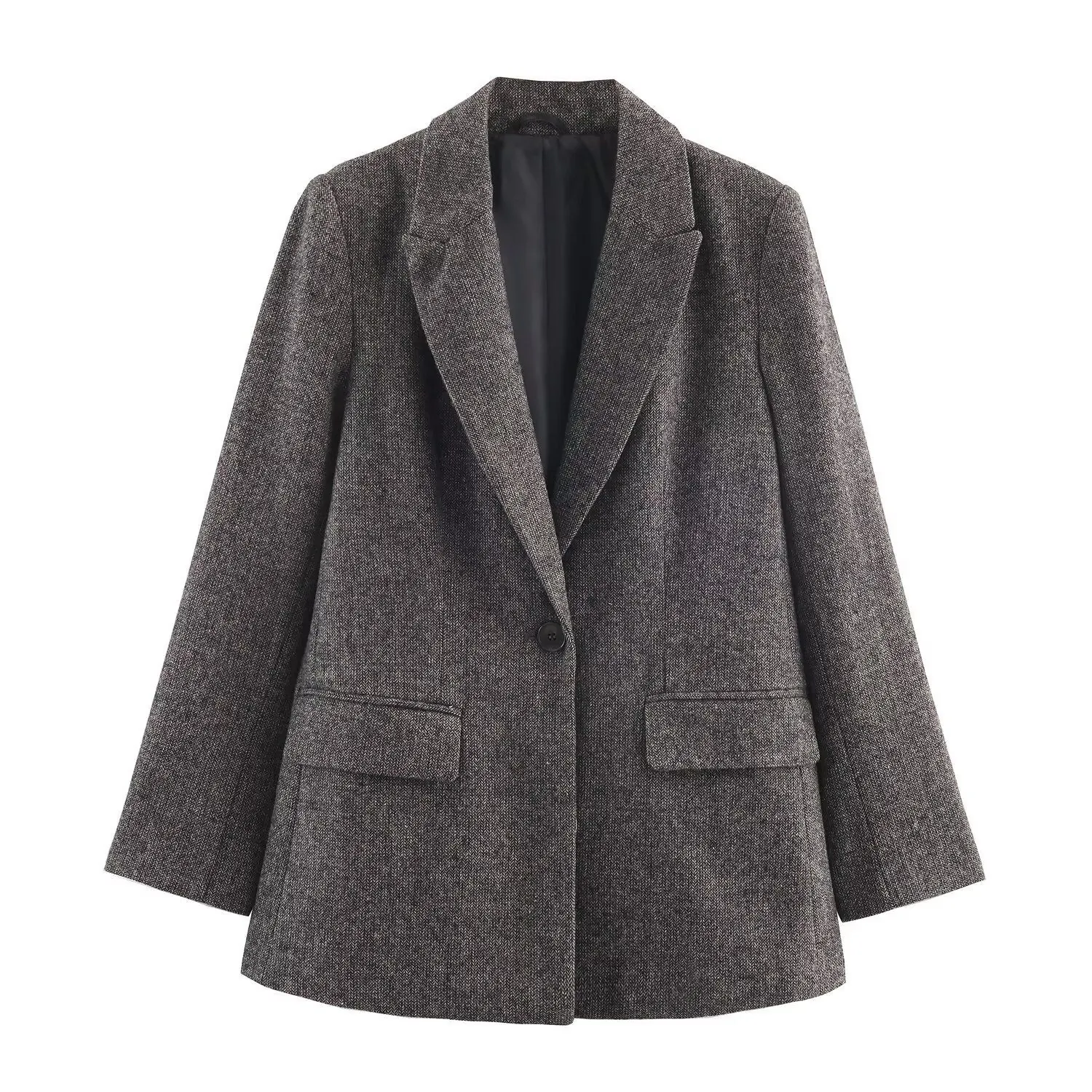 Women's Herringbone Blazer Suit Jacket Grey Polyester Lapel Single Button Padded Shoulder Professional Commute Outerwear