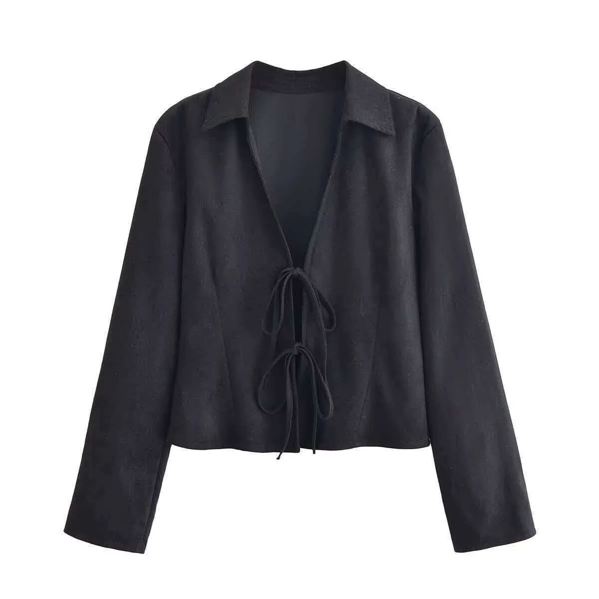 Giacca Blazer da Donna Vintage Effetto Scamosciato Elegante Nero Slim Fit Chiusura con Fiocco Manica Lunga Capispalla Moda Autunnale